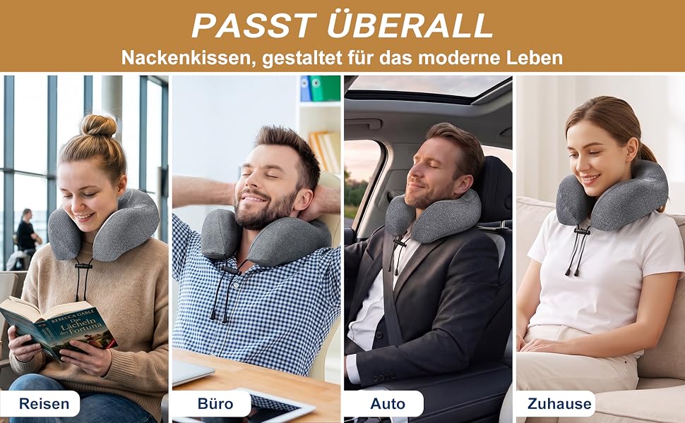 Подушка для подорожей Kobete з ефектом пам'яті (Memory Foam) для шиї в літак, авто та потяг, сіра — набір з 3D-маскою для сну, берушами та сумкою