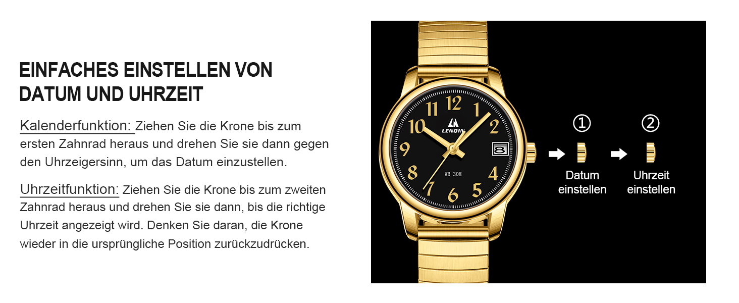 Жіночий годинник LN LENQIN: Водонепроникні годинники для жінок з нержавіючої сталі, кварцовий механізм, регульований ремінець (Золотий/Чорний)