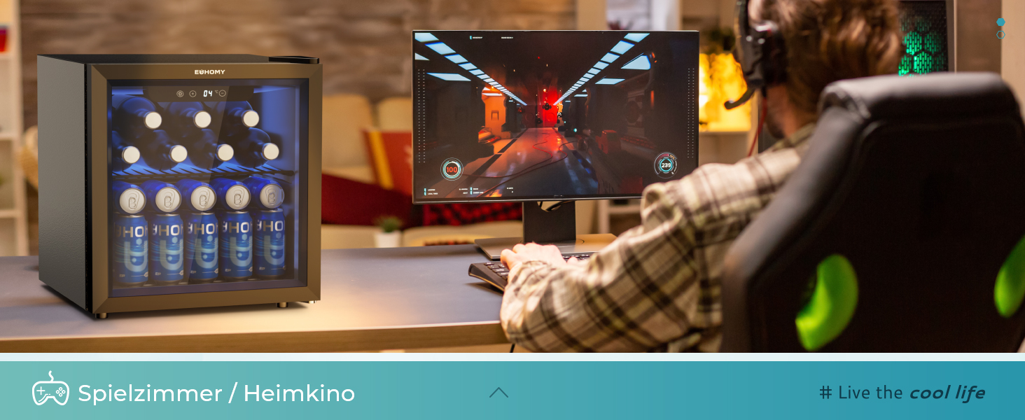 Міні-холодильник EUHOMY для напоїв на 55 банок, чорний, 36L, з дверцятами з прозорого скла, LED-підсвітка, тихий (43dB), для офісу, кімнати, бару