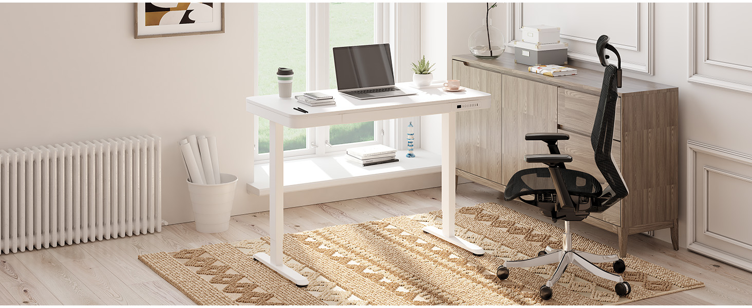 Електричний регульований стіл Sanodesk з ящиком, сенсорним керуванням та USB-портами, 120 x 60 см, білий + білий, висота 73.5-118 см