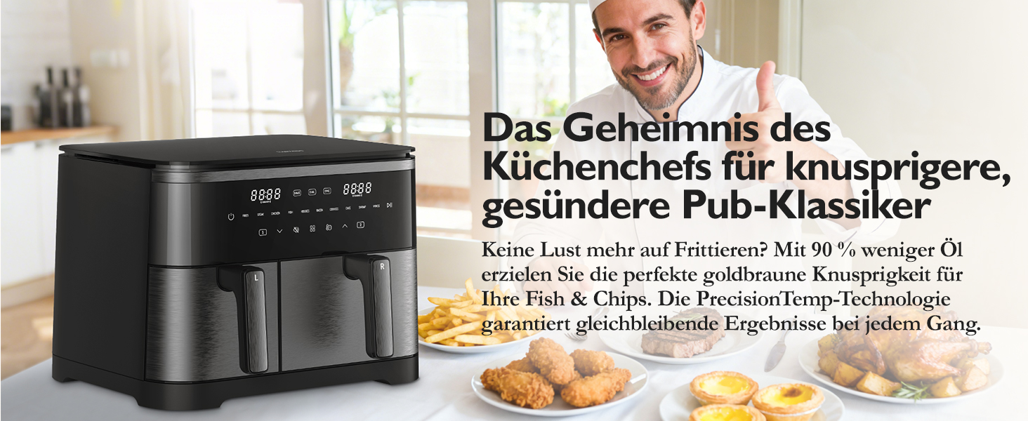 Електрична фритюрниця повітряна 11л, 2 камери з грилем, 10-в-1, без олії, з нагадуванням про струшування <60дБ, з антипригарним покриттям, 78 рецептів