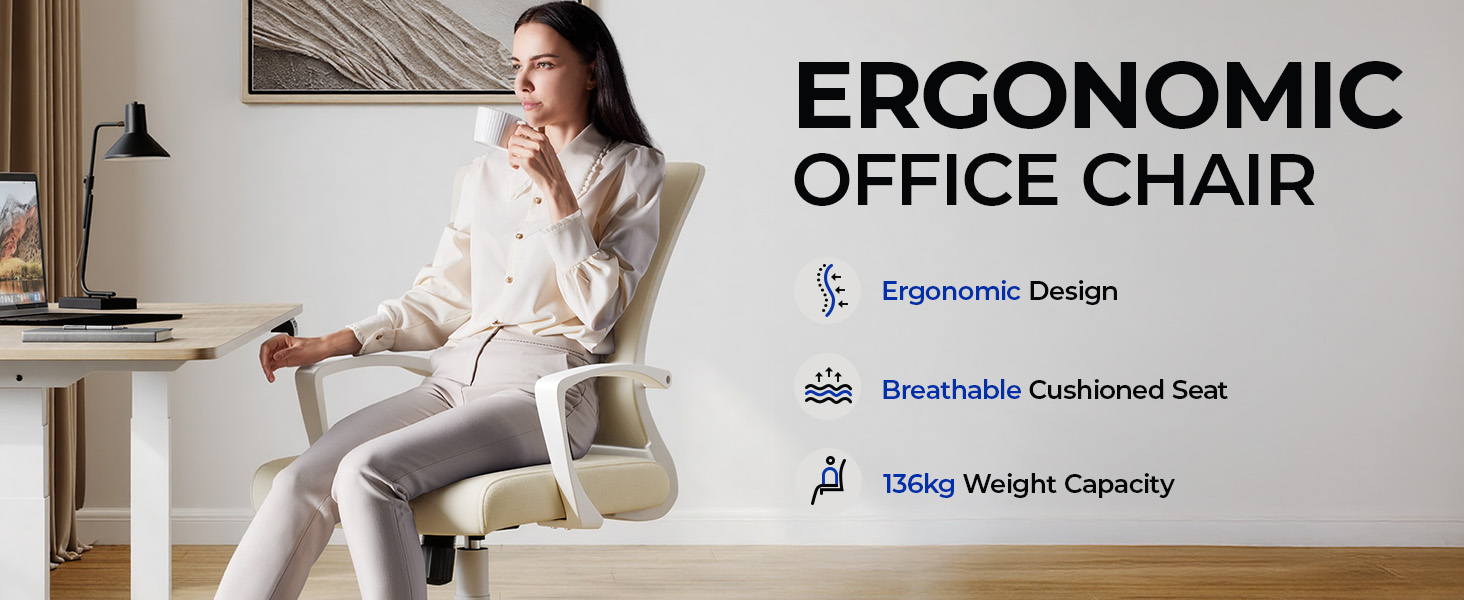 Офісний крісло Yaheetech ергономічне, з сітчастою спинкою, з підлокітниками, для офісу та дому, комп'ютерне крісло, витримує до 136 кг, дихаюче, з функцією гойдання (Бежевий)