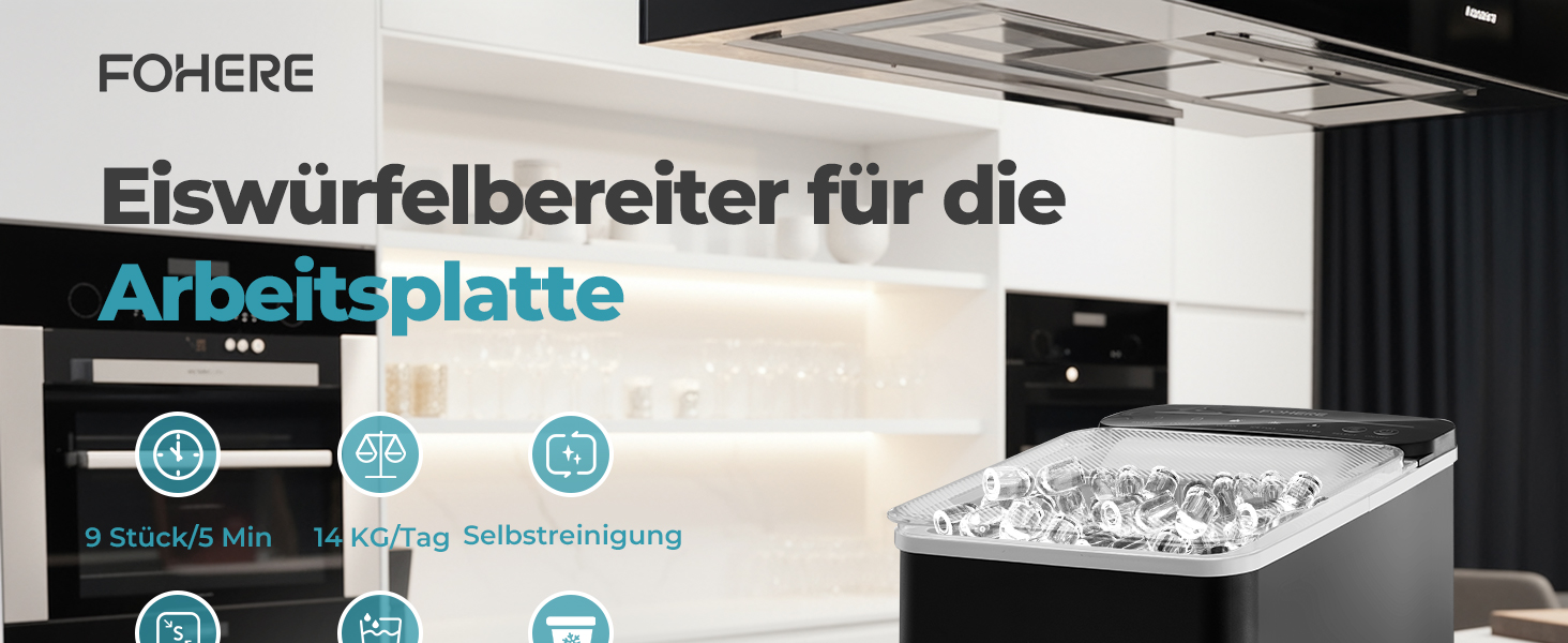 Машина для льоду FOHERE портативна, самоочисна, 14 кг/24 год, 2 розміри, компактний дизайн, керування однією кнопкою, інтелектуальні сповіщення, з лопаткою та кошиком для дому/бару/офісу/кемпінгу (чорний)