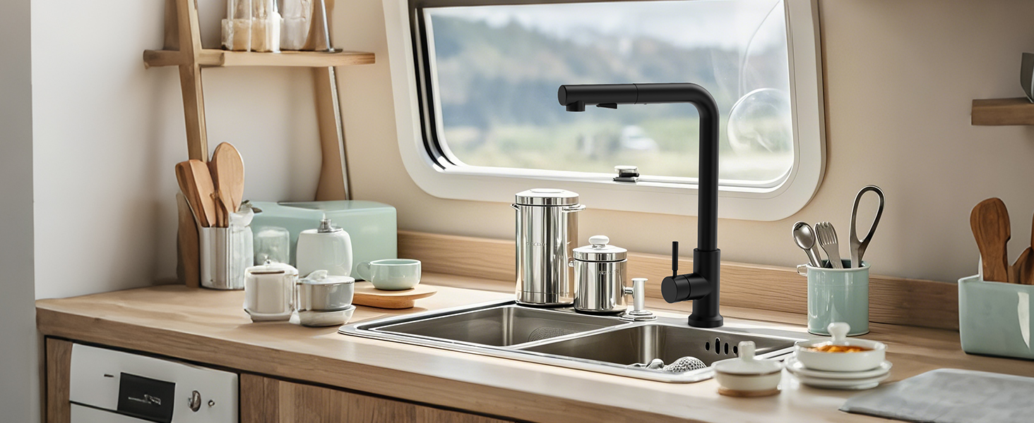 Змішувач кухонний водяний чорний, висувний з душем, 360° поворотний, 2 режими розпилення, для кухні, нержавіюча сталь