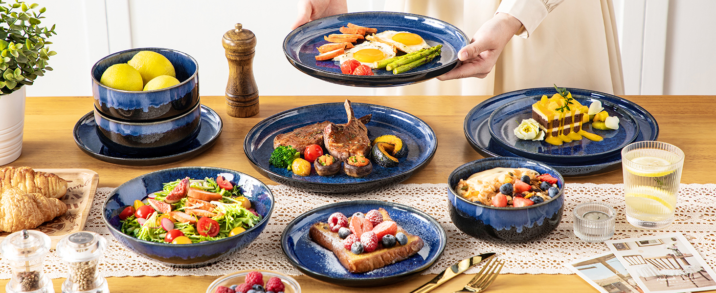 Vancasso Starry 24-Piece Blue Stoneware Dinnerware Set for 6 - Complete Tableware Set with Plates, Bowls