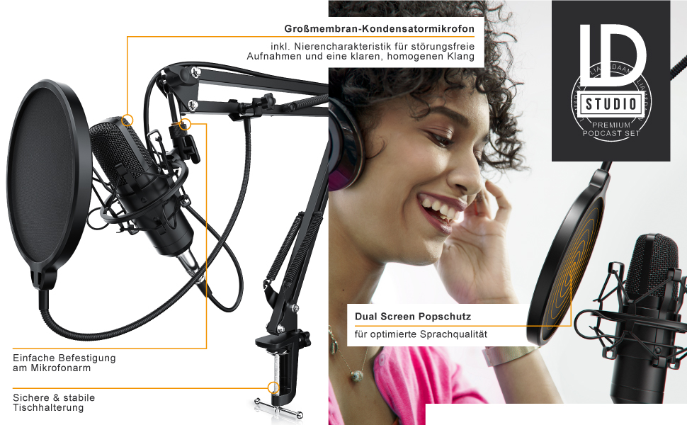 Конденсаторний мікрофон CSL з кріпленням XLR - Комплект для студії, запису вокалу, подкастів, стрімінгу та геймінгу, велика мембрана, 3.5mm jack, XLR кабель