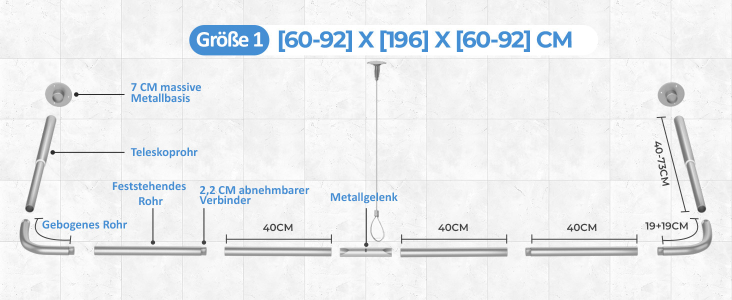 Регульована душова штанга U-подібної/L-подібної форми, 60-92 x 78-196 x 60-92 см, з 12 кільцями для шторки та підпоркою для стелі, для ванни/ванної кімнати, срібна