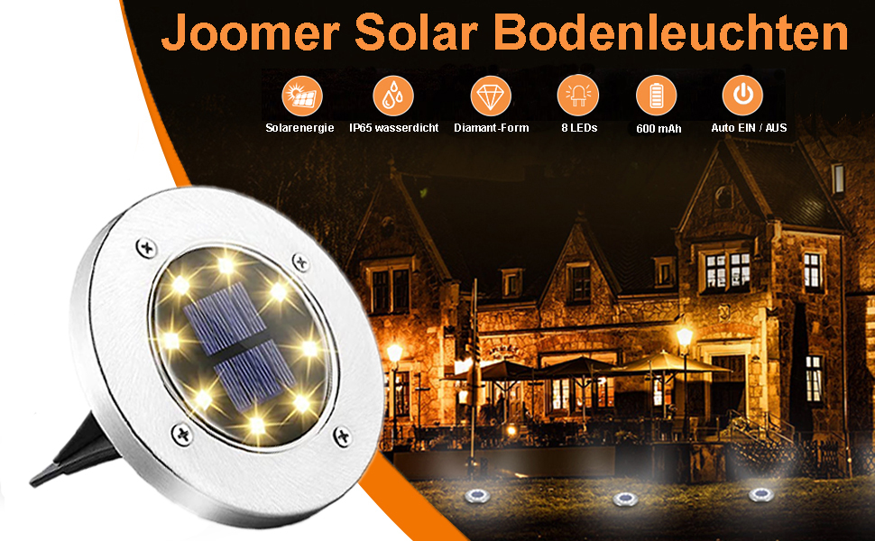Joomer Solar Ground Lights - Set of 12, Outdoor Garden Lights with 8 LEDs, Warm White, Waterproof, for Lawn, Driveway, Patio