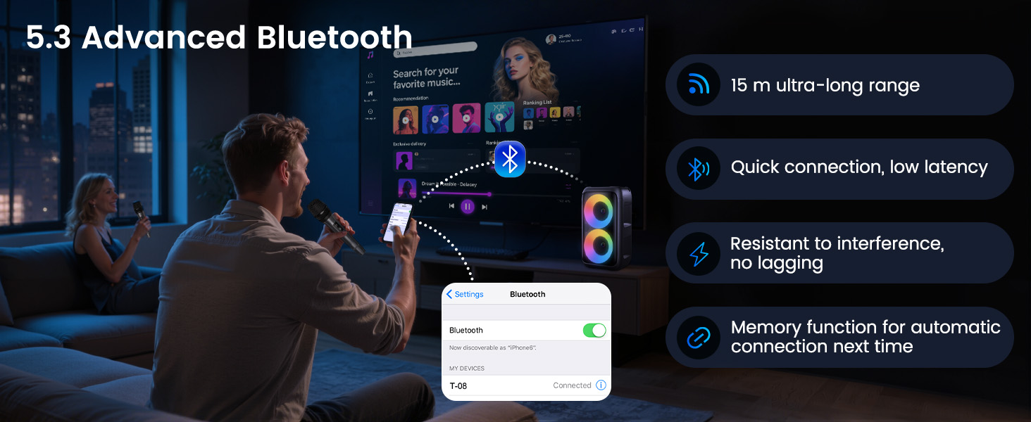 Караоке машина з 2 мікрофонами, портативна Bluetooth колонка з LED-підсвіткою, чорна