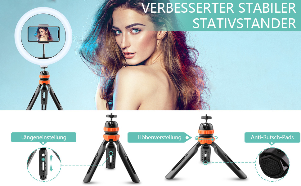 LED кільцева лампа з штативом для телефону 26 см (10 дюймів) - 3 режими світла, 11 рівнів яскравості, регульована, для селфі, макіяжу, стрімінгу