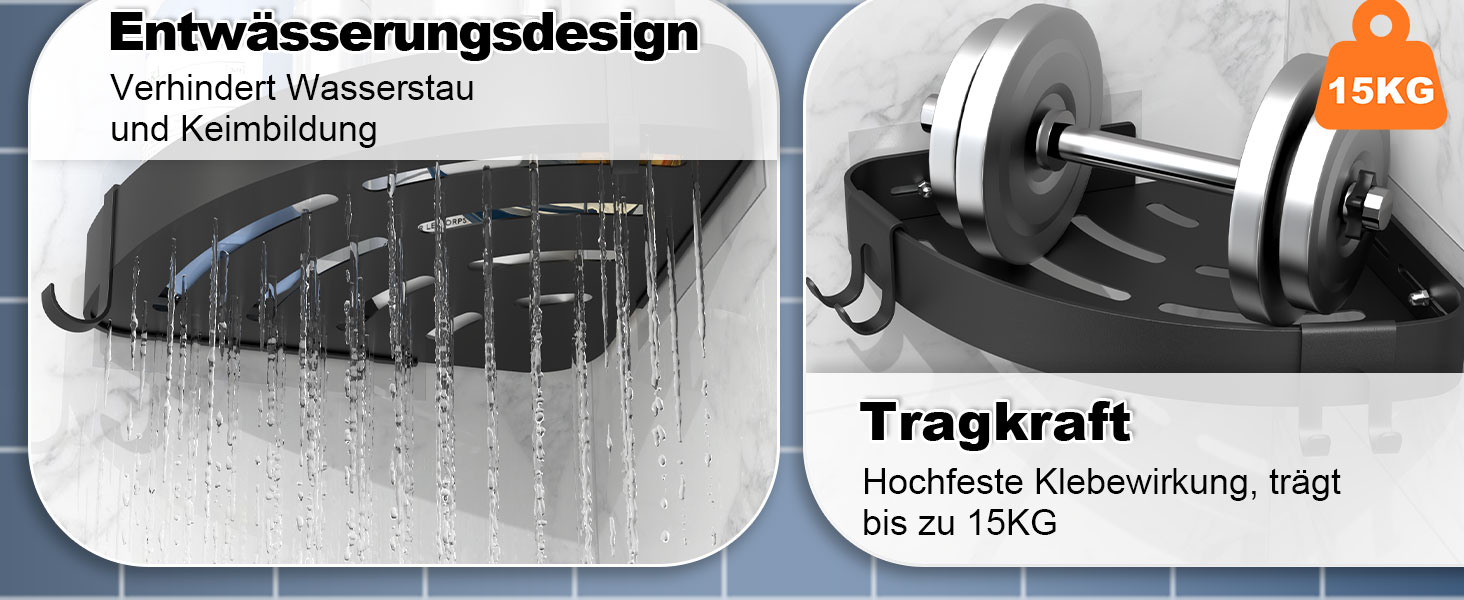 Дзеркальна поличка для душу кутова без свердління чорного кольору, 2 шт. з гачками для шампуню та мила, захист від іржі