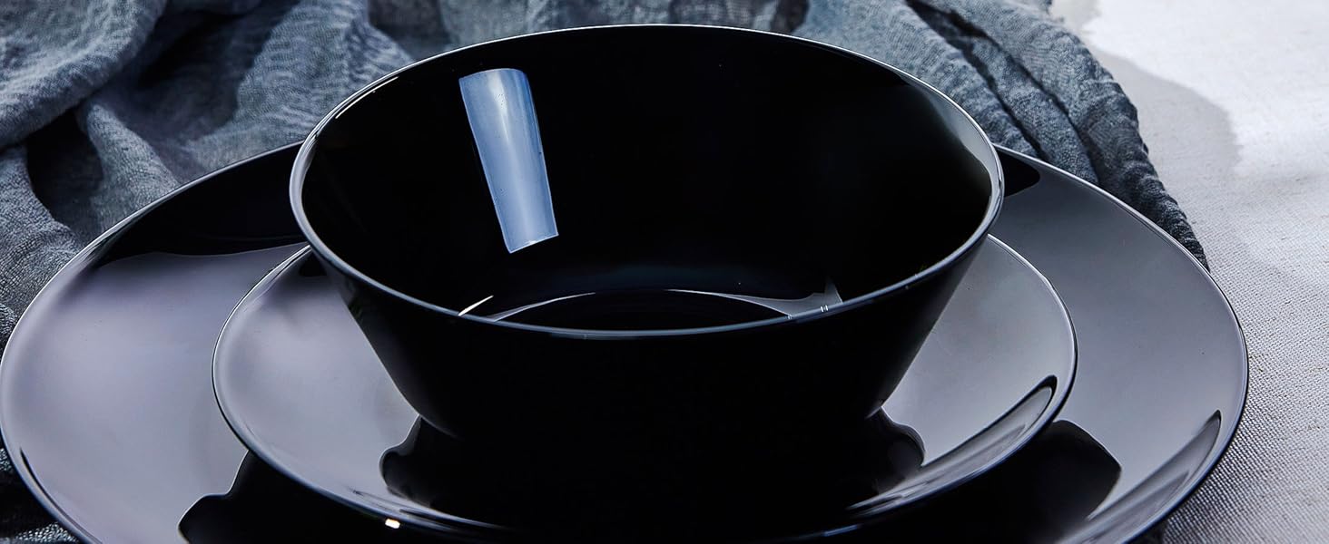Набір посуду 18 предметів для 6 осіб, чорний набір посуду з опалового скла, включає миски для мюслі, десертні та обідні тарілки, чорний посуд