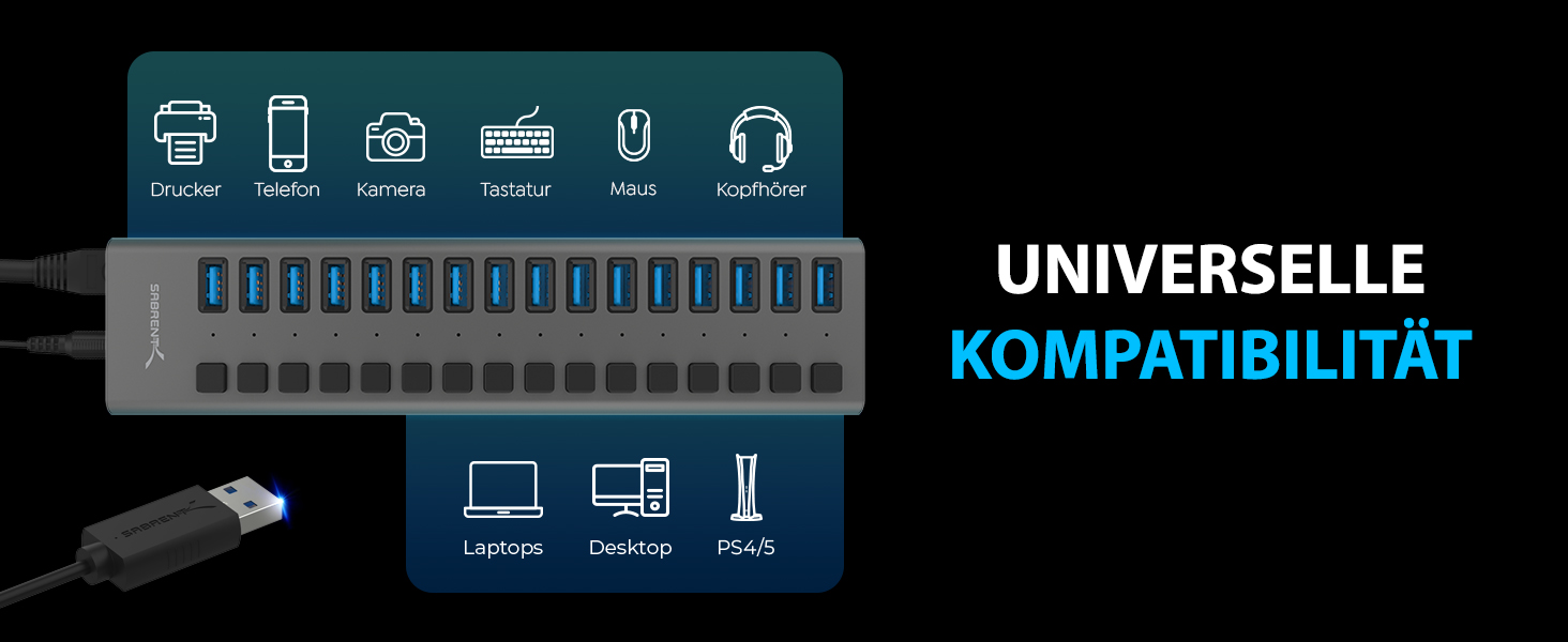 Зарядний пристрій Sabrent USB 60W 10 портів, швидка зарядка для MacBook, ноутбуків USB-C, iPhone, Samsung Galaxy (AX-TPCS)