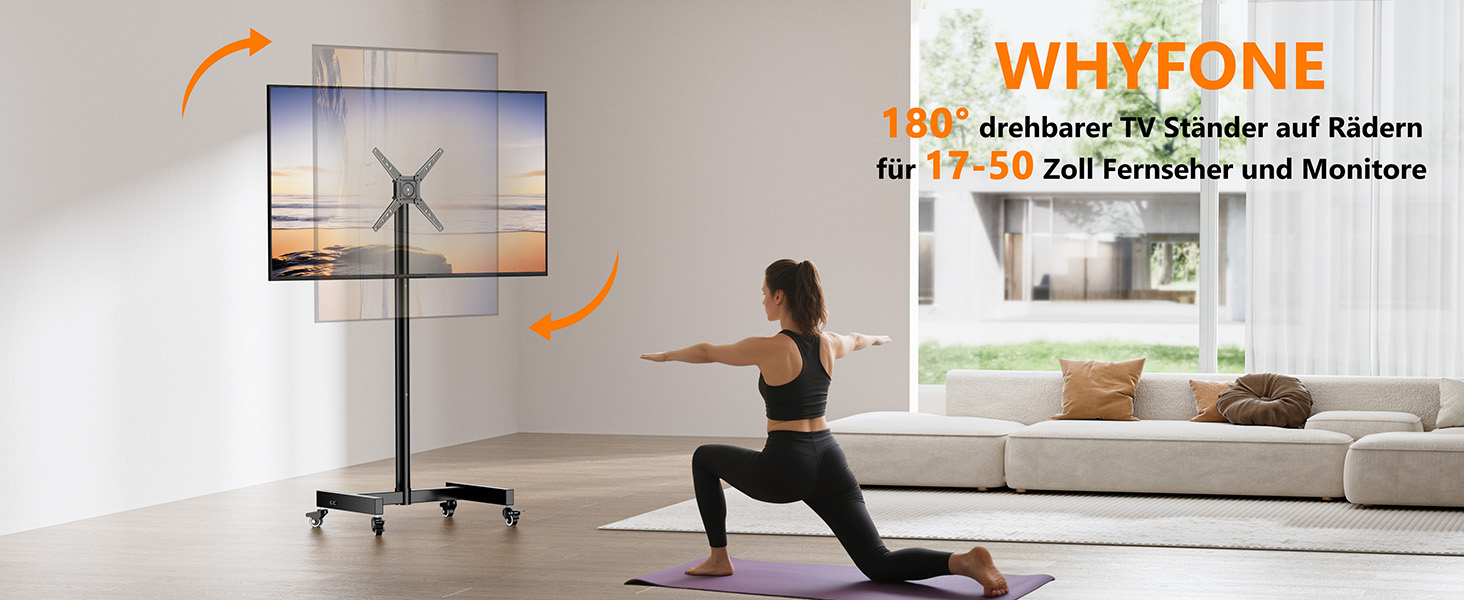 Підставка для телевізора WHYFONE на коліщатках, поворотна 180°, для телевізорів та моніторів 17-50 дюймів, мобільна, регульована висота, VESA до 300x300 мм, до 30 кг