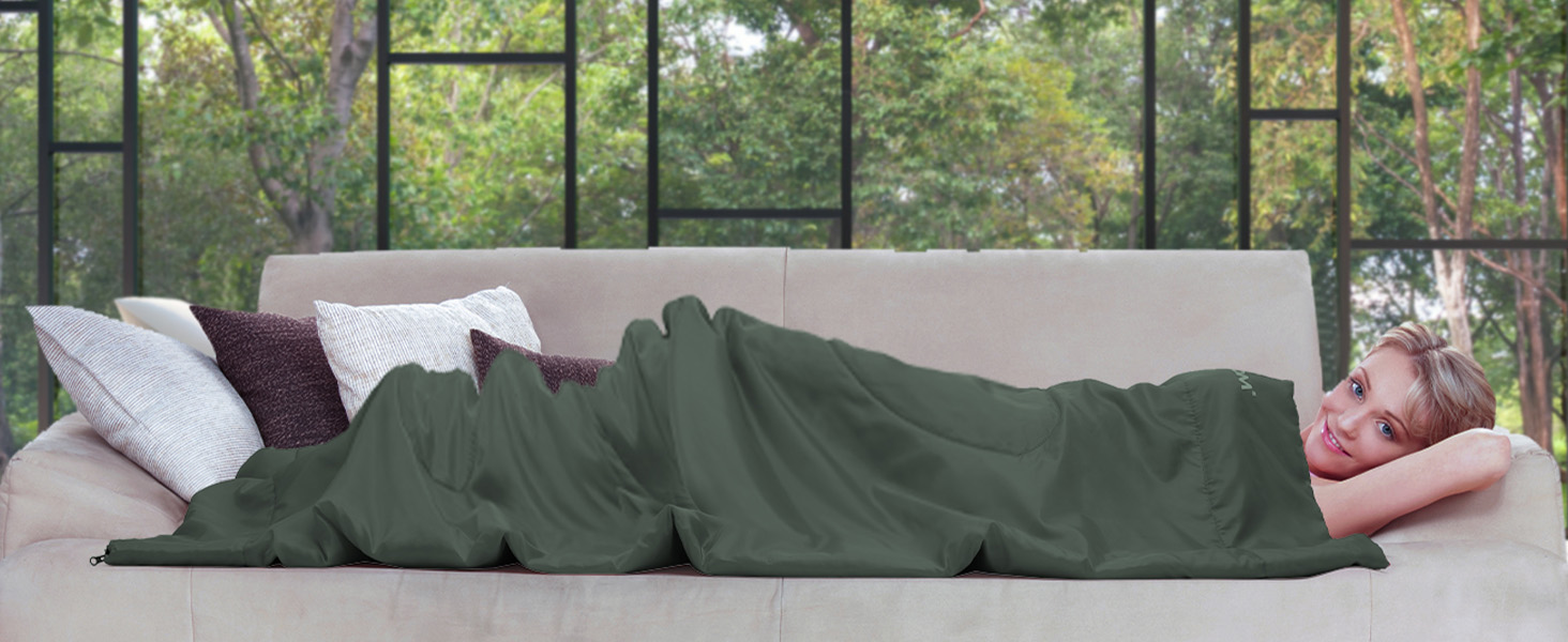 Літній спальний мішок - компактний, легкий, для кемпінгу, відпочинку на природі, дорослих, піших прогулянок, відпочинку в приміщенні, зелений