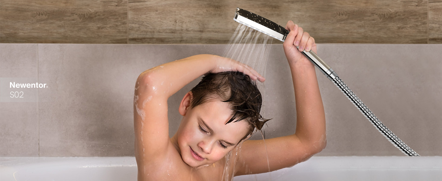 Душова лійка Newentor зі шлангом 1,5 м, високий тиск, 6 режимів, срібна (з золотим душовим краном)
