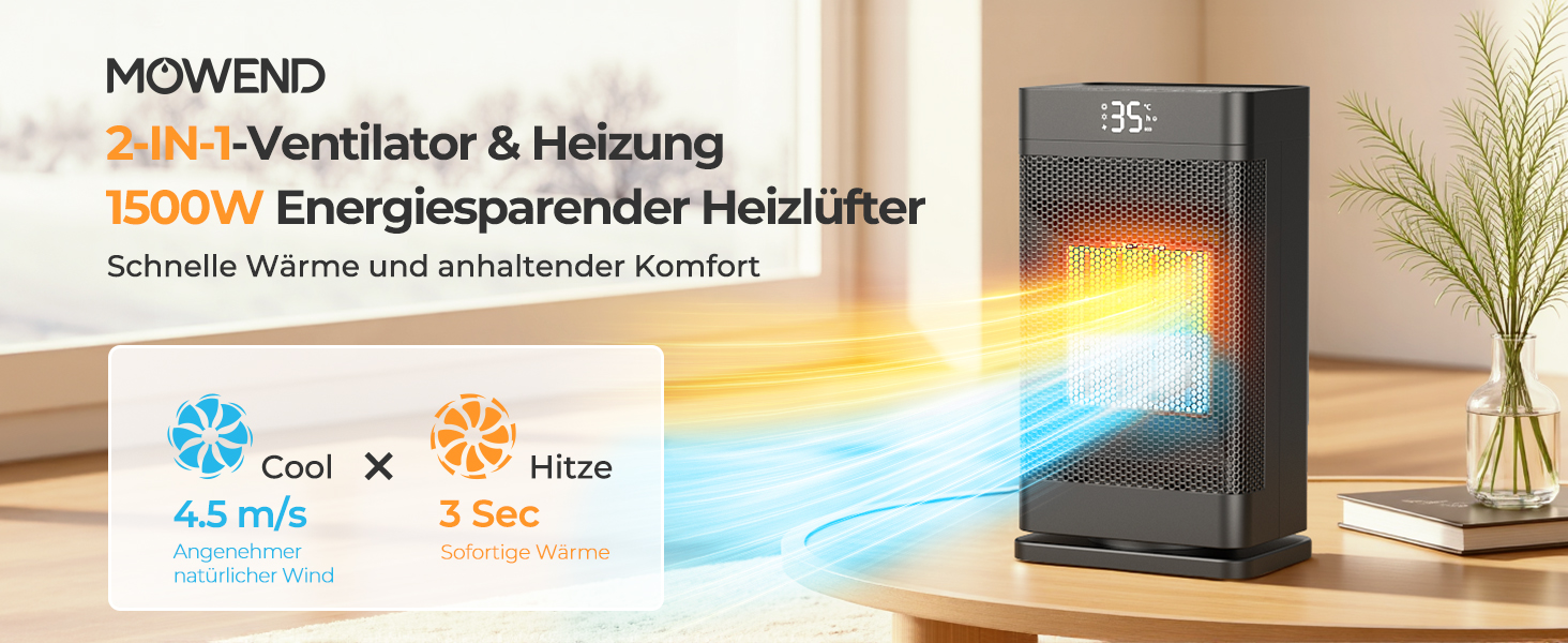 Керамічний електронагрівач 1500W з термостатом, PTC-керамічний нагрівач, ECO-режим, захист від перегріву та перекидання, 75° коливання, 2-в-1 енергозберігаючий нагрівач для дому, чорний