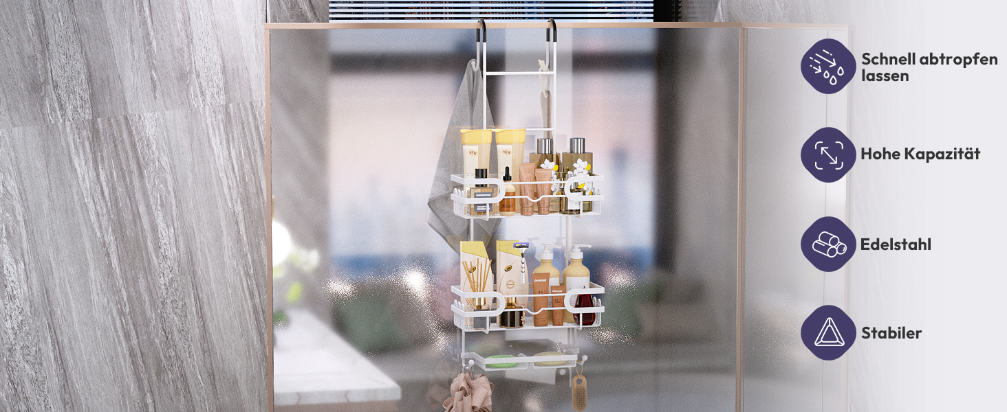 Настінна поличка для душу SWTYMIKI з 2 кошиками та 2 мильницями, з нержавіючої сталі, 14 гачків, білий колір