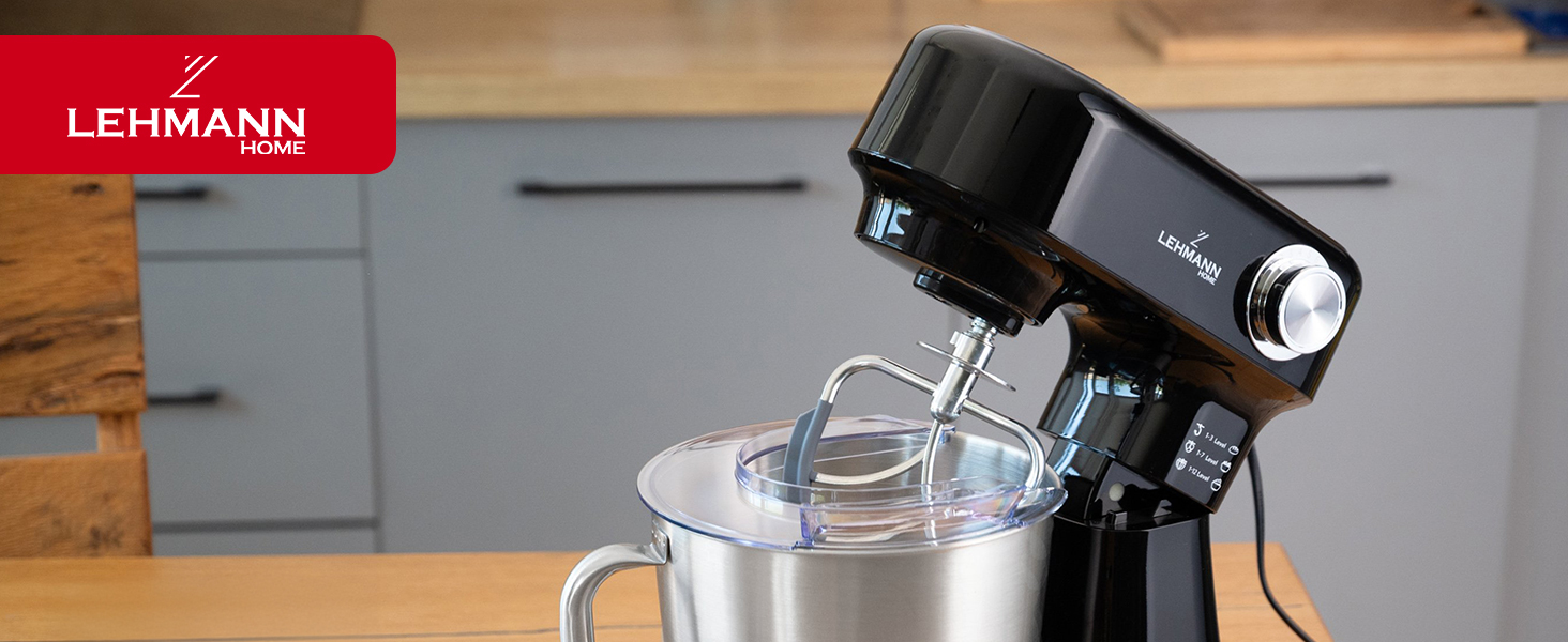Кухонний комбайн-міксер LEHMANN з набором аксесуарів, 1500 Вт, 12 швидкостей, чаша 5 л, захист від перегріву, планетарний міксер з 3 насадками та захистом від бризок, чорний
