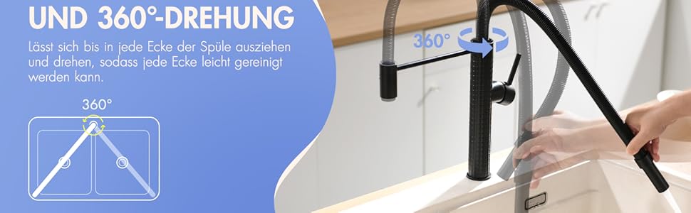 Сучасна кухонна змішувач AIMADI з висувною лійкою, поворотним гусаком на 360°, чорний/рожеве золото, для кухні та мийки