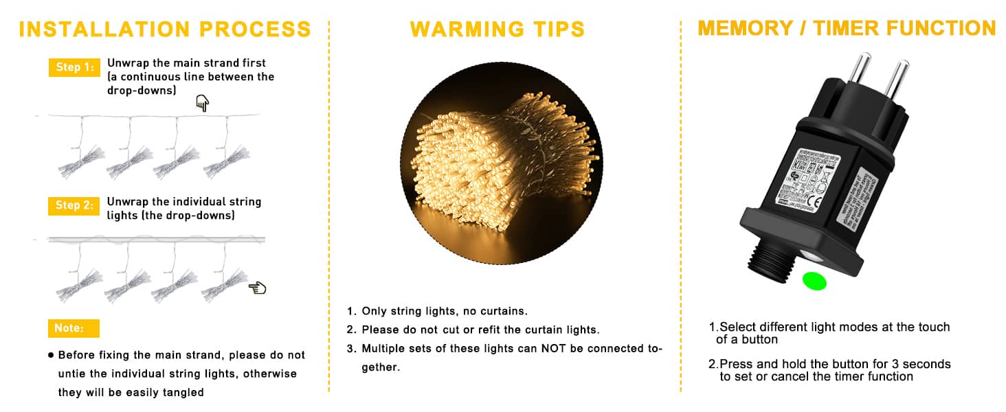 Лямпаденний завіс 6м x 3м, 600 LED, з вилкою, таймером, 8 режимів, вологостійкий, тепле світло. Ідеально для декору вікна, павільйону, саду, на Різдво.