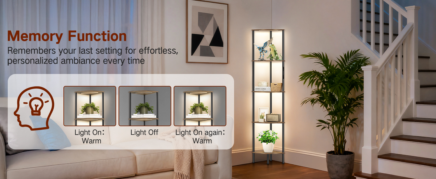 Стійка лампа OUTONLIFE з полицями, LED, 3 режими, регулювання яскравості, пульт, 5 ярусів, для вітальні, спальні, офісу, колір: Rustic Brown