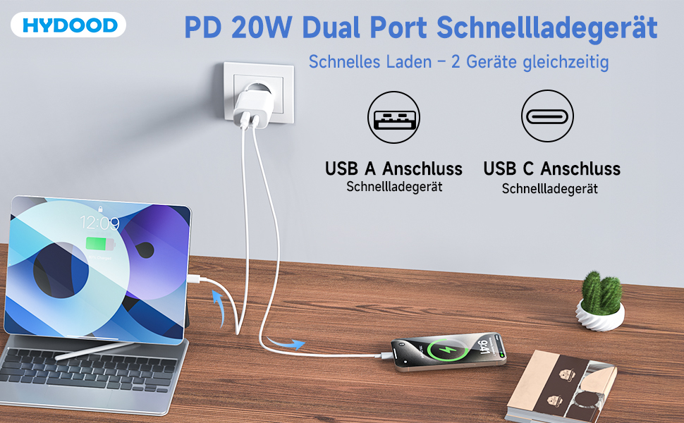 Зарядний пристрій 2 в 1 USB-C 20W, 2 порти (USB-C/USB-A) для iPhone 17 Pro Max/16/15/14/13/12, Galaxy, iPad - кабель Type-C 2м, блакитний (2 шт)