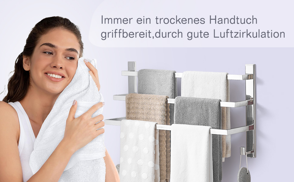 Тримач для рушників без свердління для ванної кімнати | Без бактерій | Прихований кріплення | Тримач рушників з гачками - нержавіюча сталь SUS 304, нержавіюча сталь, полірована | з дзеркальним покриттям