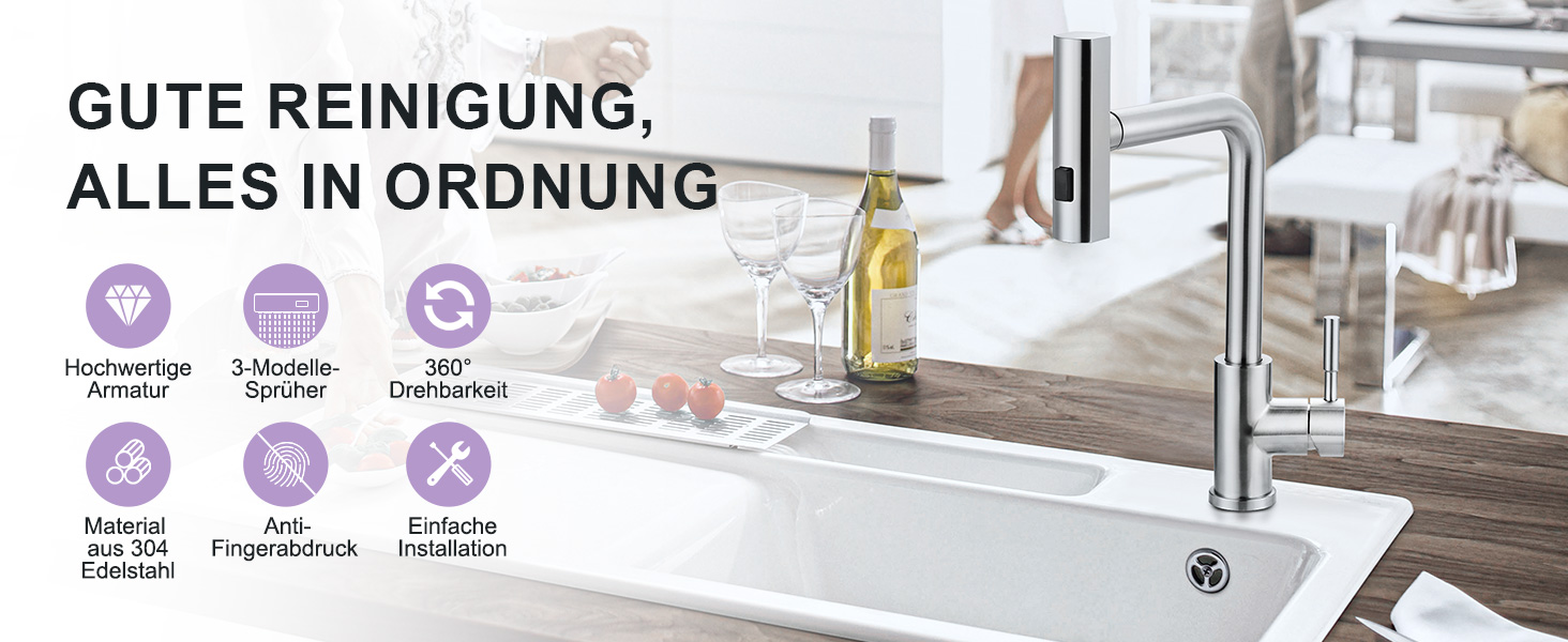 Кухонний змішувач iVIGA висувний з дозатором, водоспад, 360° поворот, 3 режими, щіткова нікель, T-подібний