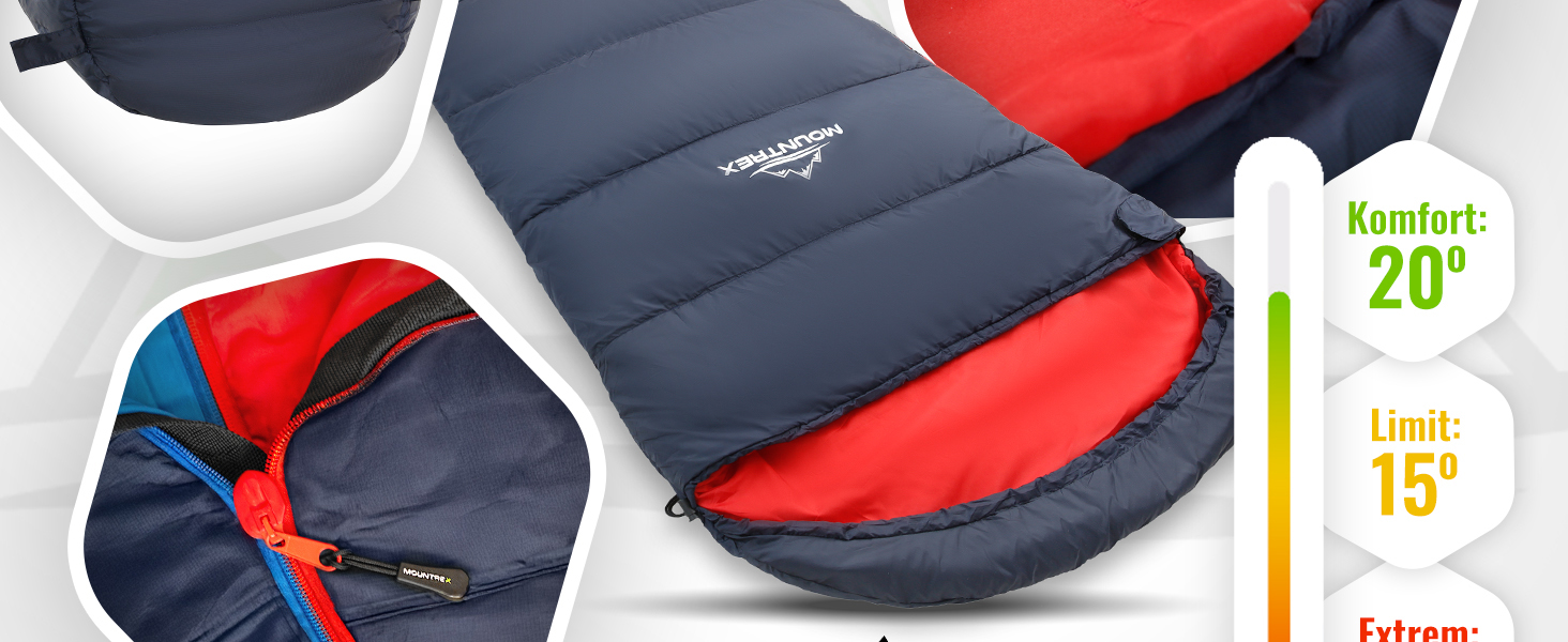 Сплячий мішок MOUNTREX® - компактний та ультралегкий (760г/1500г) - Outdoor спальний мішок для літа (100GSM) / 3-4 сезони (300GSM) Мумієподібний спальний мішок – кемпінг, подорожі, фестивалі – теплий та з'єднувальний темно-синій/червоний літній спальник