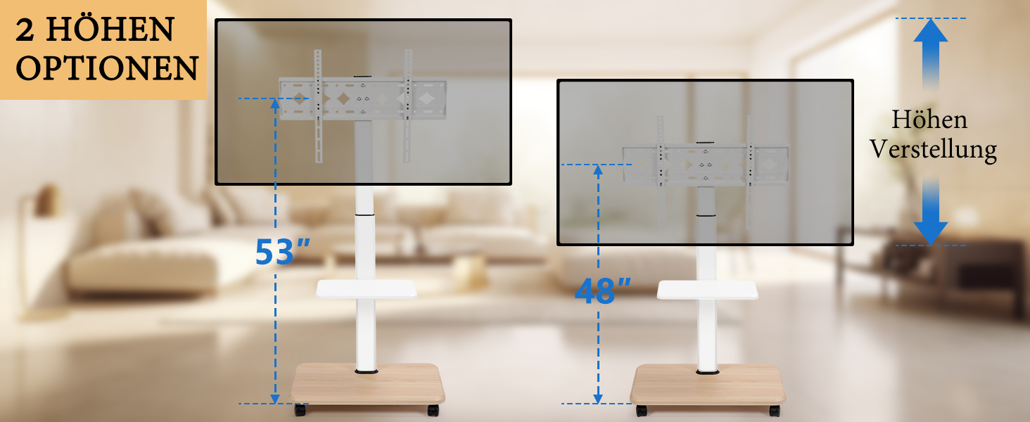 Мобільний ТВ-стіл Hellsehen для LED/LCD/OLED телевізорів 32-70 дюймів (до 45 кг), білий, з регулюванням висоти та блокованими колесами