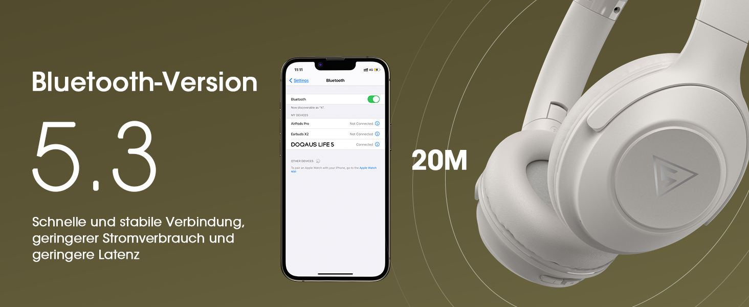 Бездротові навушники DOQAUS Bluetooth з тривалим часом роботи (70 годин), Over-Ear, Bluetooth 5.4, Hi-Fi стерео для подорожей, телефону та ПК (світло-сірий)