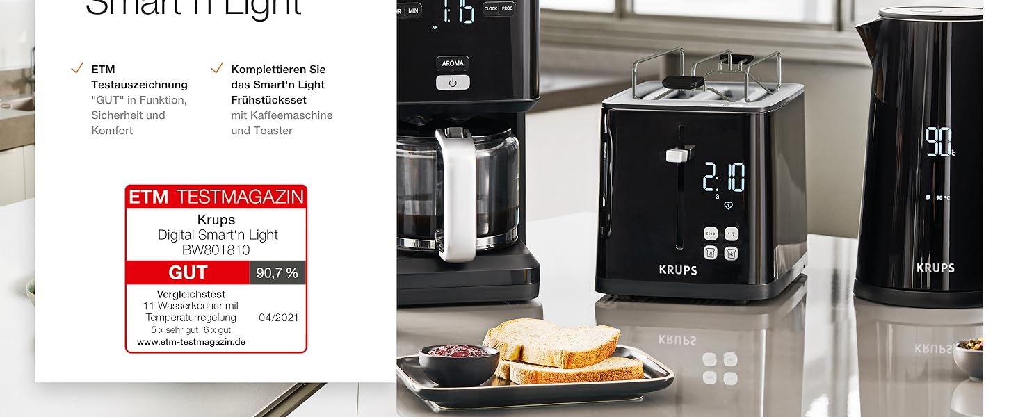 Електрочайник Krups Smart'n Light, 1,7 л, 5 температур, нержавіюча сталь, подвійна стінка, чорний