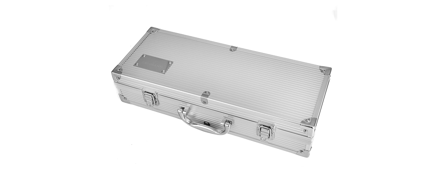 Набір гриль-посуду Lehmann з нержавіючої сталі в кейсі | Комплект аксесуарів для гриля з лопаткою, виделкою та щипцями | Ідеальний подарунок для чоловіків та жінок