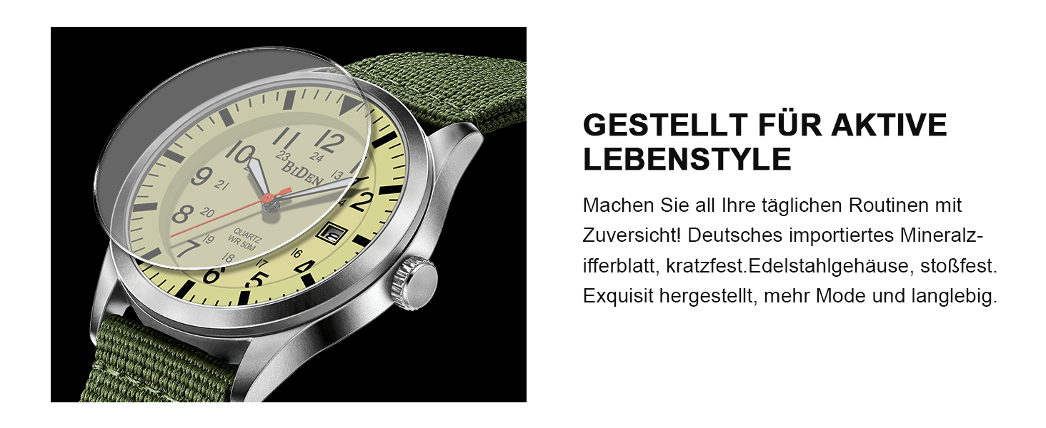HANPOSH Годинник чоловічий військовий тактичний з датою, водостійкий 3ATM, кварцовий (зелений, срібний, жовтий)