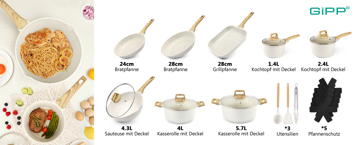 Набір каструль та сковорідок GiPP Ceramic Antihaft 22 частини – керамічне антипригарне покриття, безпечне, для посудомийної машини, без PFAS, PTFE, PFOA, PFOS