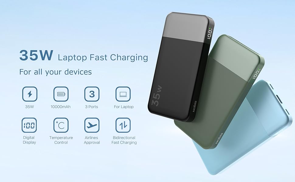 Power Bank Nobis 10000mAh 35W з USB-C кабелем та цифровим дисплеєм (блакитний)