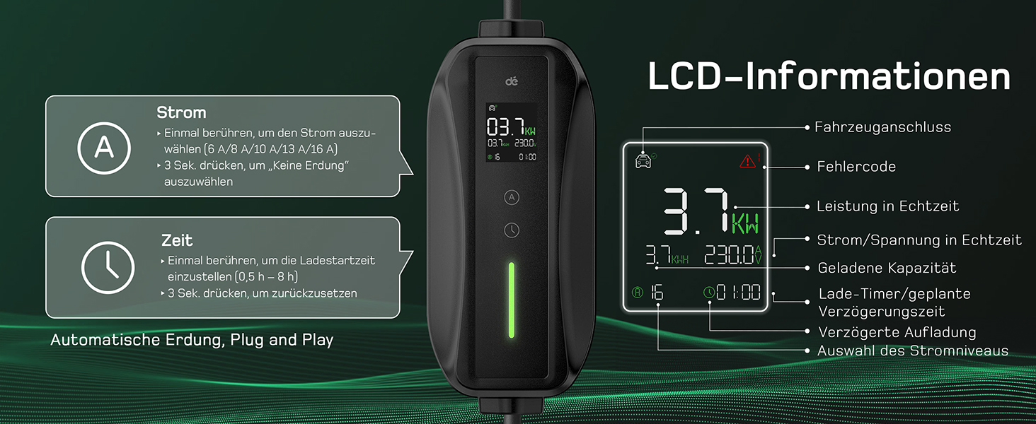 Кабель зарядки Schuko 3.68kW для електромобілів, 6м, 6-16A з цифровим дисплеєм