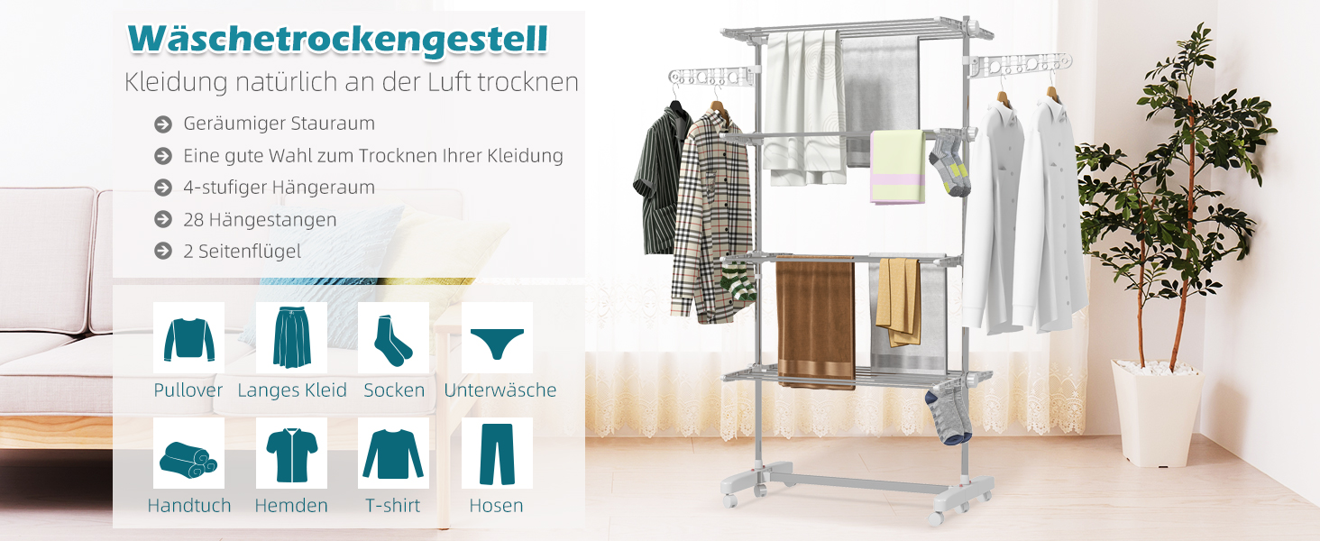 Сушарка для білизни HOMCOM Tower, 4 рівні, з колесами, біла - 142x55x172 см