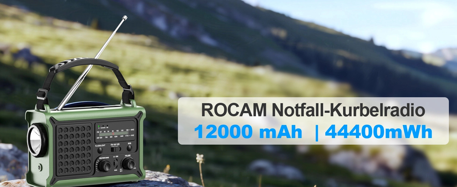 ROCAM Радіо з ручним генератором та сонячною панеллю, 12000mAh, AM/FM, LED ліхтарик, USB, SOS, для кемпінгу та надзвичайних ситуацій, зелене