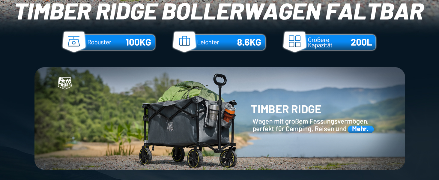 Універсальний складаний візок Timber Ridge Bollerwagen 200L з підсклянником, регульованою ручкою, для пляжу, кемпінгу, саду, максимальне навантаження 150 кг (Сірий)