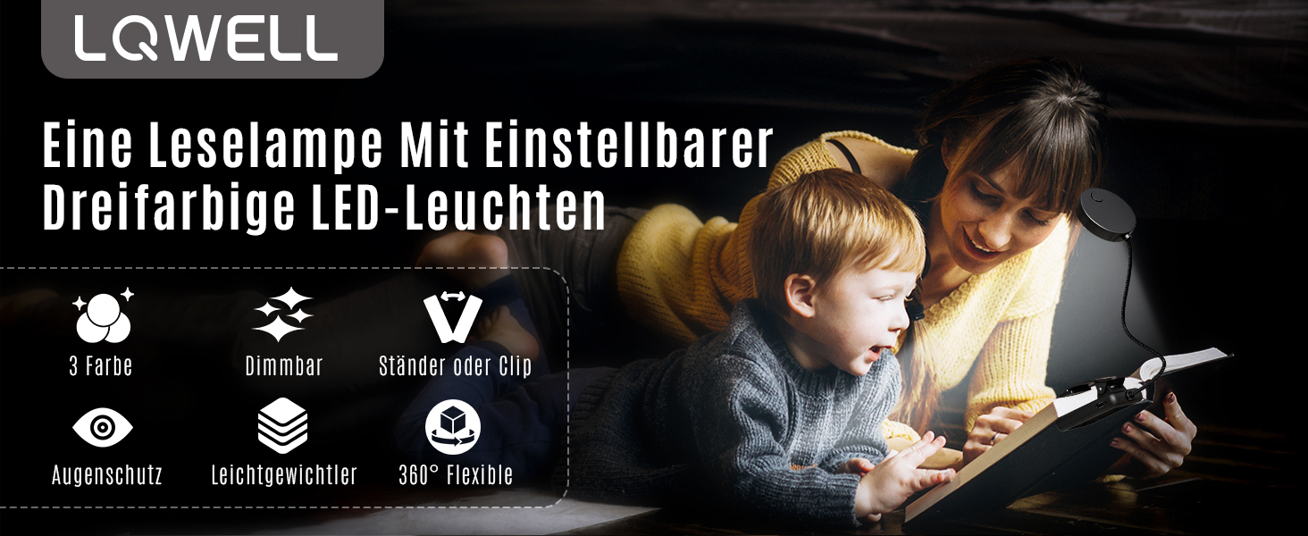 Ліхтарик для читання LQWELL на шию, LED, 3 кольори/яскравості, гнучкий, акумуляторний, для читання, рукоділля (чорний, комплект 3 шт)