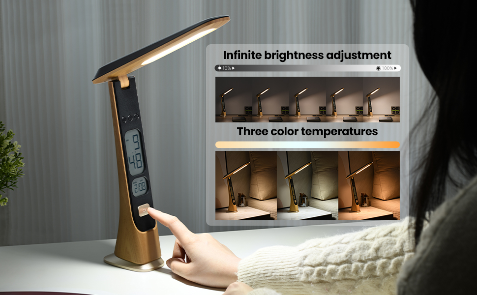 LED настільна лампа на акумуляторі, диммування, USB зарядка, годинник, сенсорне керування, портативна для дому, читання, офісу