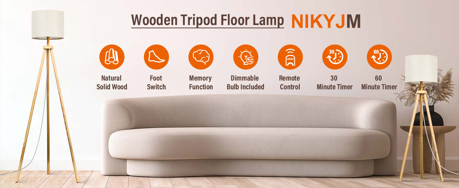 Стельова лампа для вітальні, LED, регулювання яскравості, 3 колірні температури, дерев'яна, з таймером, з абажуром, з вимикачем для вітальні, спальні, офісу