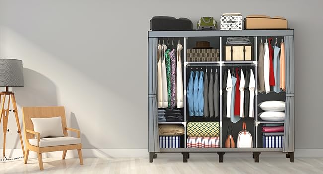 Тканинна шафа LOEFME 170x175x45 см для спальні з 2 рейками для вішалок