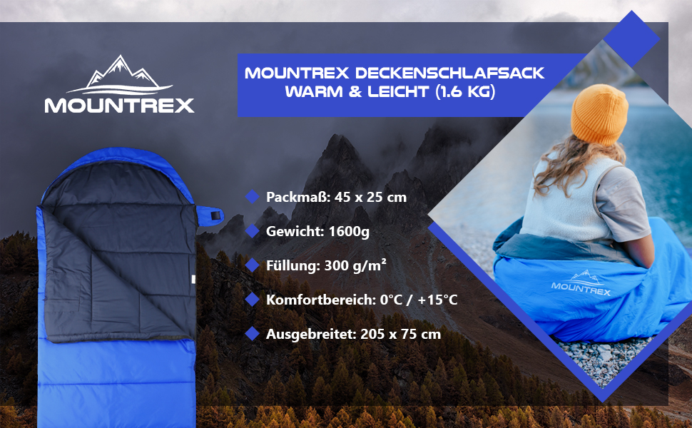 Mountrex 3-Season Sleeping Bag for Camping & Outdoor - Lightweight, Warm & Comfortable Sleeping Bag (205 x 75cm) - Adult, Unisex, Couplable Zipper - Blue