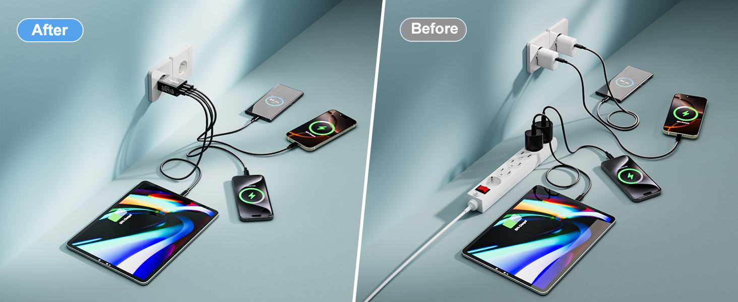 Подвійний зарядний пристрій USB-C 40W з 4 портами (USB-C та USB-A), PD 3.0, для iPhone, Samsung, iPad, Tablet, 2 шт., чорний