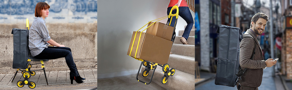 VOUNOT Shopping Cart with Stairs Climber, Cooler Compartment & Folding Seat - 3-Wheel Folding Grocery Cart (40L)