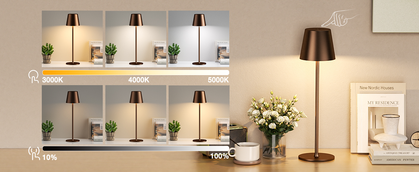 Акумуляторна LED настільна лампа бездротова з USB-C зарядкою, регульована яскравість, 3 режими світла, коричнева. Для дому, офісу, кемпінгу.