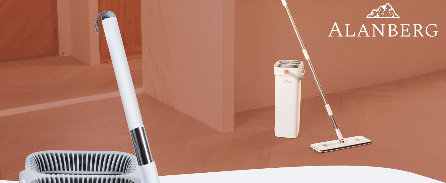 Набір для миття підлоги XL з відром, 2-камерна система, телескопічна ручка 143-181 см, плоский моп 40 см, самовіджимання з видаленням шерсті тварин та 2 мікрофібровими накладками, білий – ALANBERG®